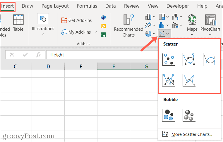 Insira um gráfico de dispersão no Excel