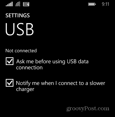 Configurações do Windows Phone USB