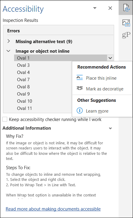 Resultados do objeto Verificador de Acessibilidade do Microsoft Office