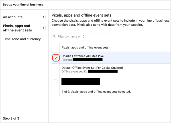 Escolha o pixel do Facebook associado à sua conta de anúncio ao configurar a ferramenta de atribuição do Facebook.