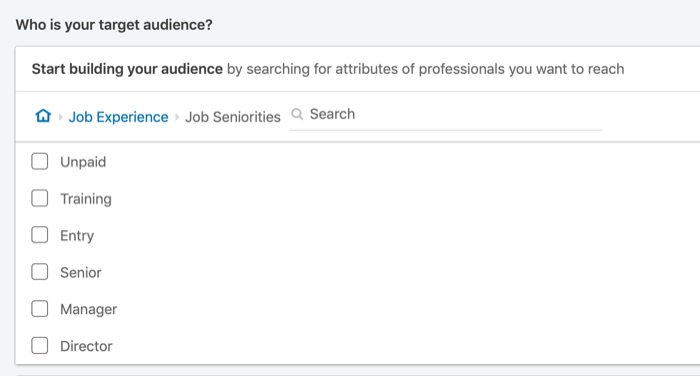 segmente anúncios do LinkedIn por antiguidade no trabalho