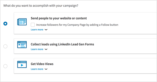 Escolha o objetivo da campanha para sua campanha de anúncios em vídeo do LinkedIn.