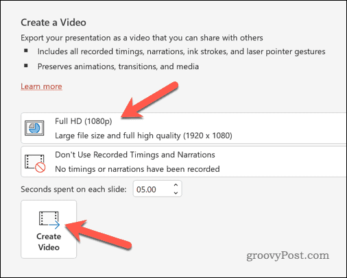 Exportação do PowerPoint como opções de vídeo
