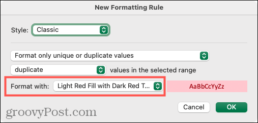 Selecione a formatação para duplicados no Excel no Mac