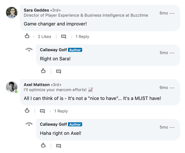 Comentários de membros do LinkedIn para postagem da Callaway Golf
