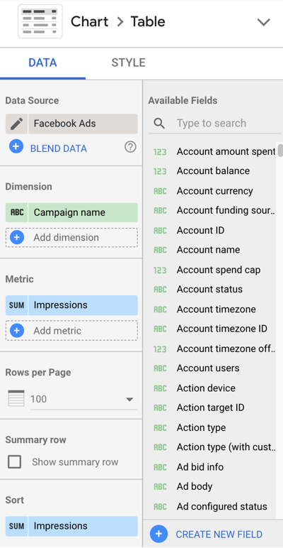 Use o Google Data Studio para analisar seus anúncios do Facebook, etapa 10, configurações de menu para personalizar os dados do gráfico