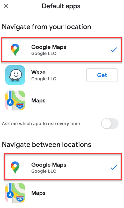 gmail google maps selecionado como padrão