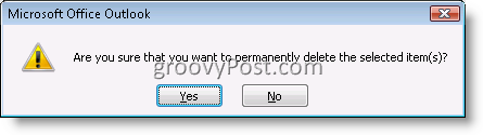 Caixa de confirmação do Outlook para excluir permanentemente um item de email 