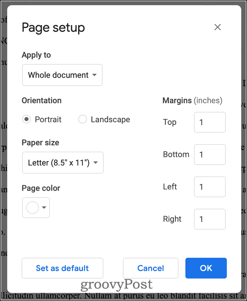 Configuração da página do Google Docs