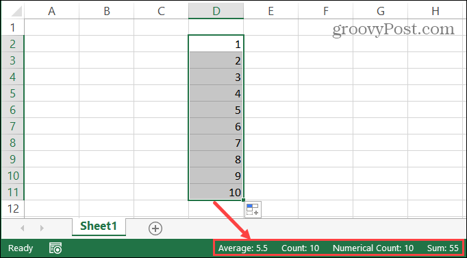 Barra de status do Excel para células selecionadas