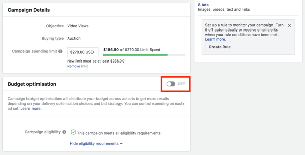 Opção de otimização de orçamento de campanha do Facebook.