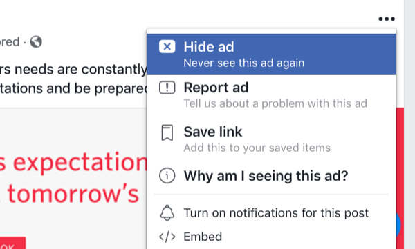 opções para ocultar anúncios do Facebook no feed
