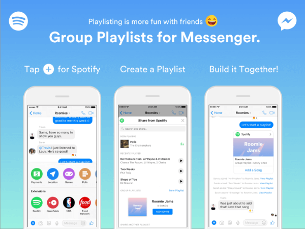 O Spotify expandiu a funcionalidade de seu bot do Messenger para permitir que os grupos criem listas de reprodução diretamente do aplicativo Messenger.