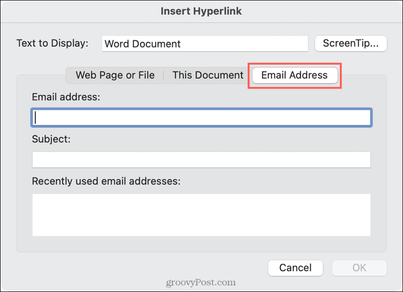 Link para um e-mail em Word no Mac