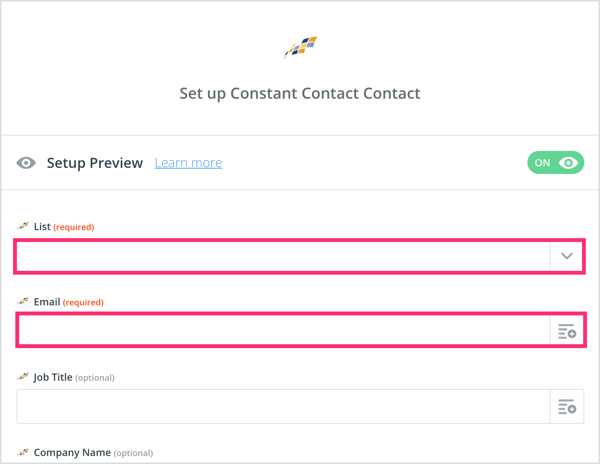 Configure seu contato de contato constante no Zapier.