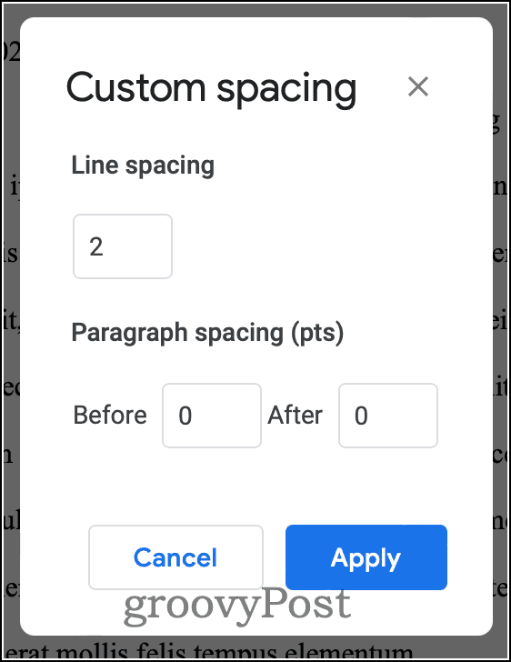 Espaçamento personalizado do Google Docs para o corpo