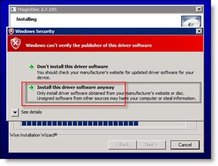 Aceitar instalação de driver do MagicISO no Server 2008
