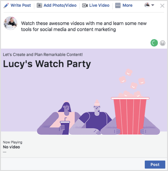 Clique em Postar para publicar sua postagem do Facebook Watch Party.