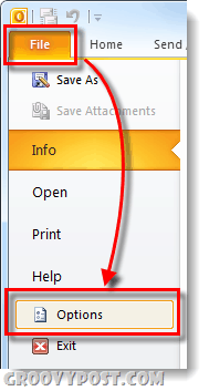 Opções de arquivo do outlook 2010