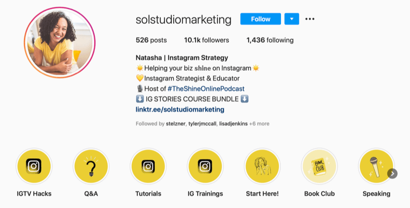captura de tela da biografia da conta do Instagram do Sol Studio Marketing
