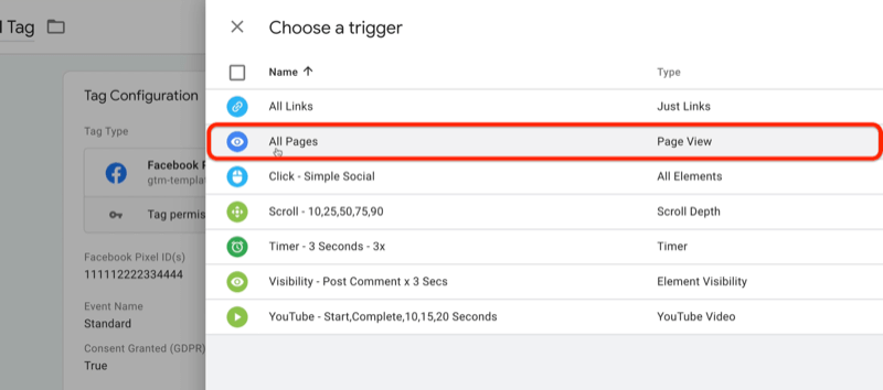 google tag manager nova tag com escolha de opções de menu de gatilho com todas as páginas selecionadas e destacadas