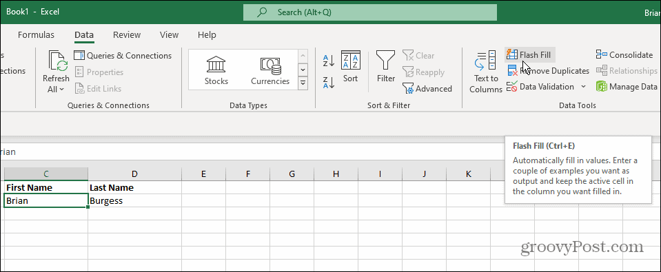 Ferramentas de dados Flash Fill Excel