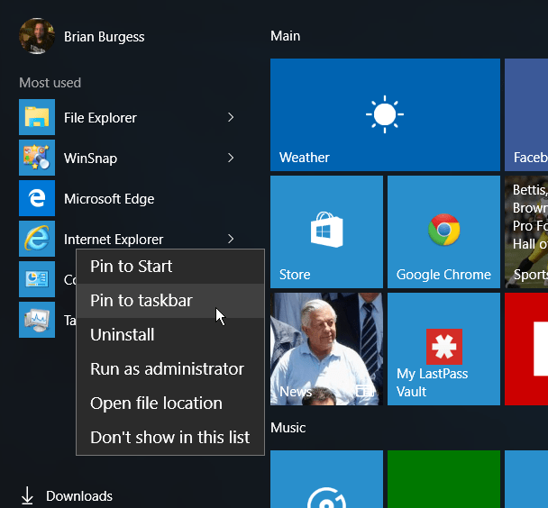IE Menu Iniciar Windows 10