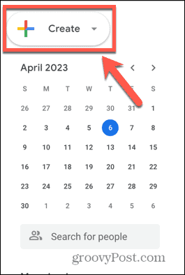 Captura de tela do botão de criação do Google Agenda