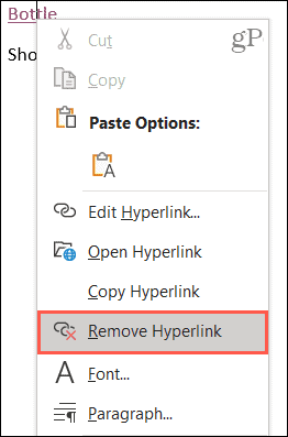 Clique com o botão direito e selecione Remover Hyperlink