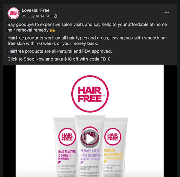 postagem no Facebook de lovehairfree observando seus produtos de remoção de cabelo, comparando-os com visitas caras a salões de beleza