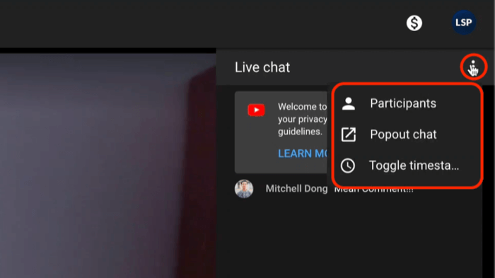 opções de menu de chat ao vivo do youtube, incluindo visualização de participantes e abertura do chat para melhor visualização e moderação