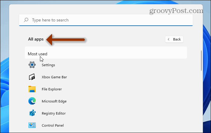 Aplicativos mais usados ​​menu Iniciar do Windows 11