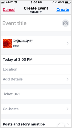 configurar evento com o aplicativo local do Facebook