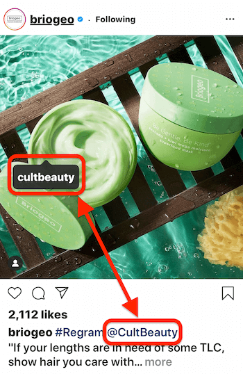 postagem no instagram de @briogeo mostrando uma tag de postagem e a legenda @ menção para @cultbeauty, cujo produto aparece na imagem