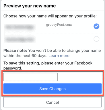 Confirmando uma alteração de nome do Facebook no aplicativo móvel