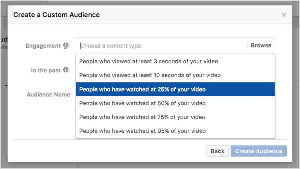 Público personalizado do Facebook com base em 25% de visualizações do vídeo.