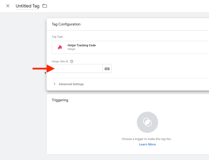 nova tag do gerenciador de tags do google com novo campo de id do site hotjar destacado, devido ao tipo de tag selecionado do código de rastreamento hotjar selecionado
