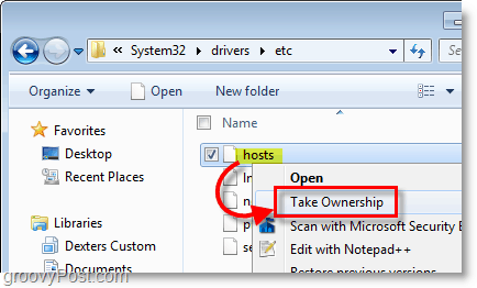 Captura de tela do Windows 7 - use o menu de contexto do botão direito para se apropriar de qualquer arquivo no Windows 7