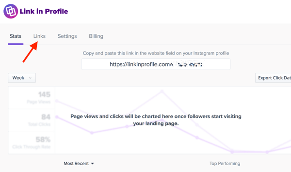 No painel Link no perfil, clique na guia Links para configurar uma página personalizada de imagens ou vídeos vinculados que você postou no Instagram.
