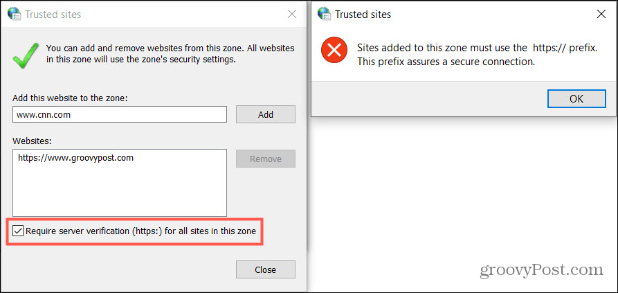 Adicionar sites confiáveis ​​no painel de controle do Windows