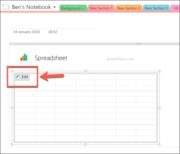 Editar uma nova planilha do Excel no OneNote