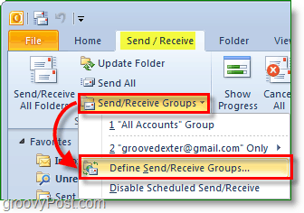 Captura de tela do Outlook 2010 - enviar e receber grupos - definir grupos