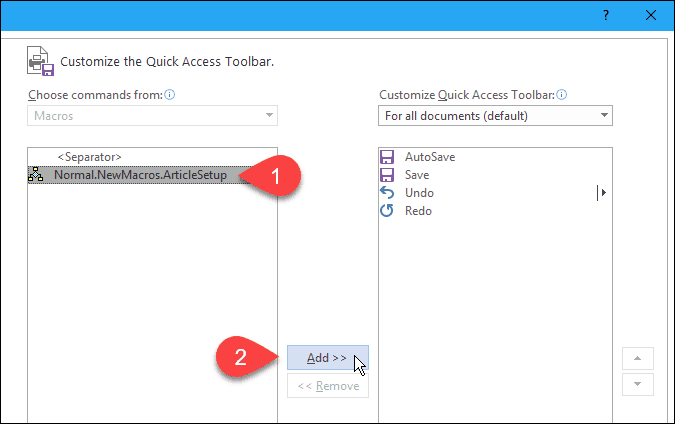 Adicionar macro à barra de ferramentas de acesso rápido