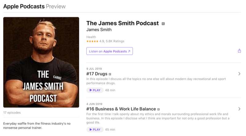 Estratégia de marketing de mídia social; Captura de tela do podcast de James Smith em podcasts da Apple. James é um conhecido influenciador na área de fitness.