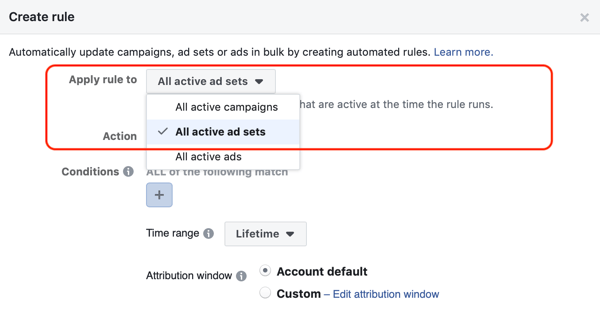 Use as regras automatizadas do Facebook, interrompa o conjunto de anúncios quando o gasto for duas vezes o custo e menos de 1 compra, etapa 1, aplique a todos os conjuntos de anúncios