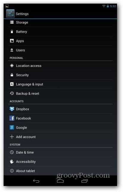 Contas de usuário do Nexus 7 - usuário de configurações