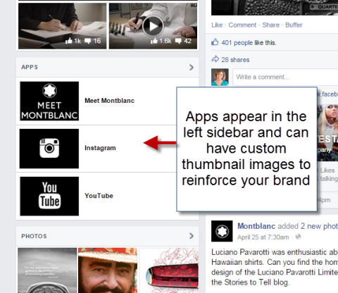 aplicativos sociais na barra lateral esquerda da página do Facebook