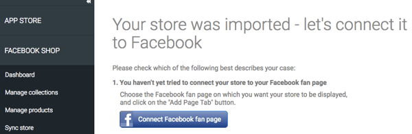 Depois que sua loja for importada por meio do aplicativo StoreYa, verifique se ela está conectada ao Facebook.