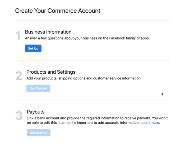 caixa de diálogo para configurar suas informações comerciais para sua conta de comércio do Facebook