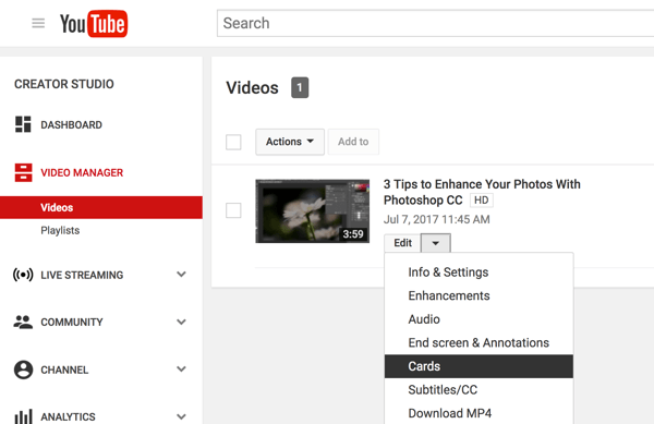 No Gerenciador de vídeos do YouTube, clique na seta para baixo ao lado de Editar e selecione Cartões.
